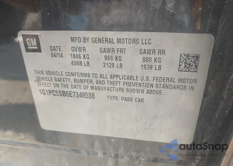 2014 Chevrolet Cruze 1Lt Auto z USA, uszkodzony, nr VIN 1G1PC5SB6E7348538